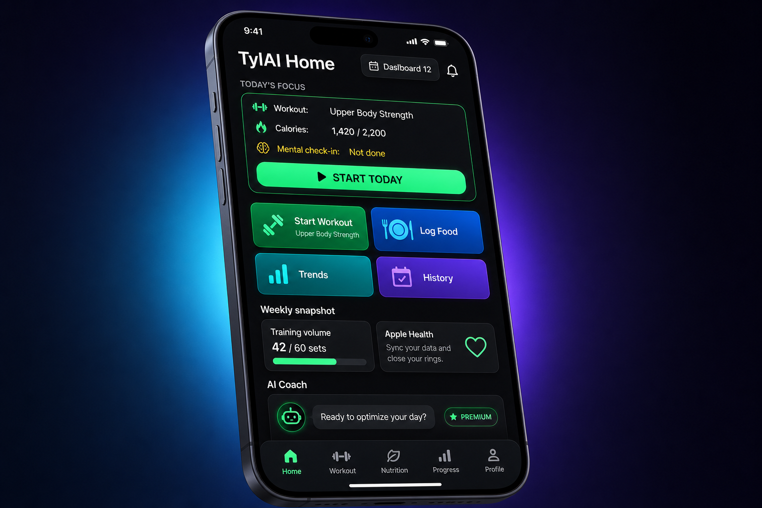 TYL app dashboard — today's focus, workouts, and AI coach